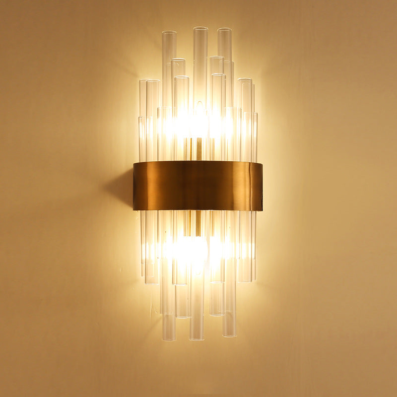 2 Heads Bedroom Wall Mount Light Postmodern Gold Sconce Light with Cylinder Fluted Crystal Shade