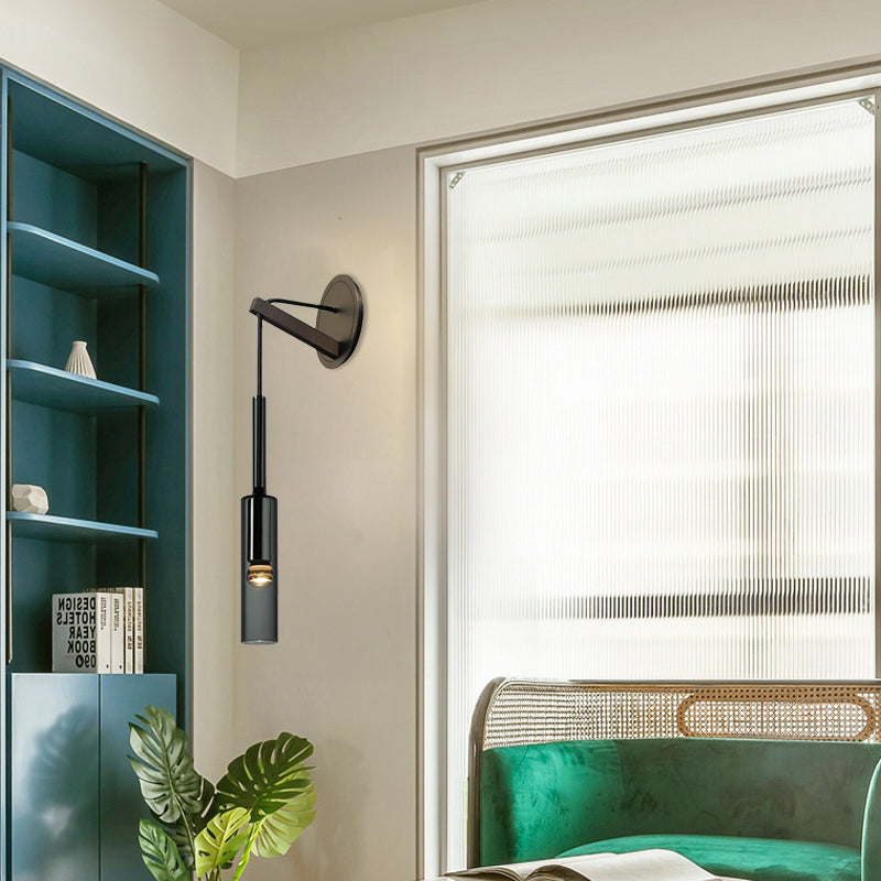 Cylinder Smoke Grey Crystal Sconce Simplicity 1 Light Wall Mounted Light with Black Arm