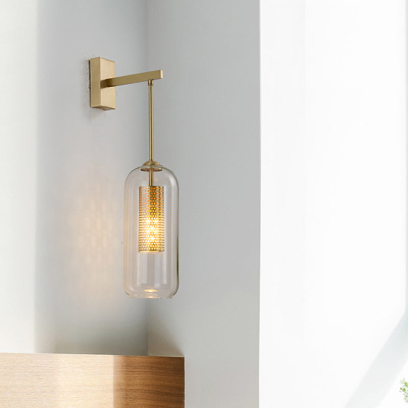 Clear Glass Capsule Wall Light Sconce Modern Stylish 1 Bulb Gold Arm Indoor Wall Lighting