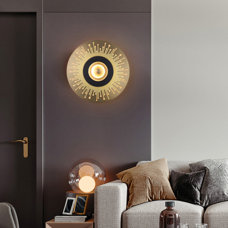 Colonial Round Wall Mounted Lighting LED Metal Flush Mount Wall Sconce in Gold for Bedroom