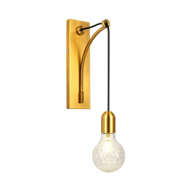 Single Exposed Bulb Wall Mounted Light Simple Clear Lattice Glass Wall Sconce with Gold Metal Backplate