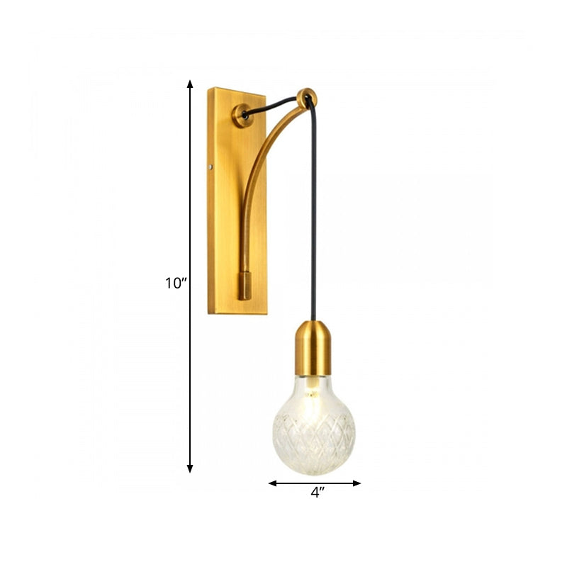 Single Exposed Bulb Wall Mounted Light Simple Clear Lattice Glass Wall Sconce with Gold Metal Backplate