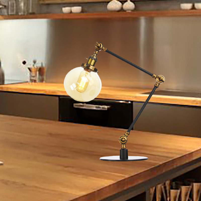 Industrial Global Table Lamp Amber/Clear Glass 1 Light Restaurant Table Light with Adjustable Arm in Black/Brass Finish