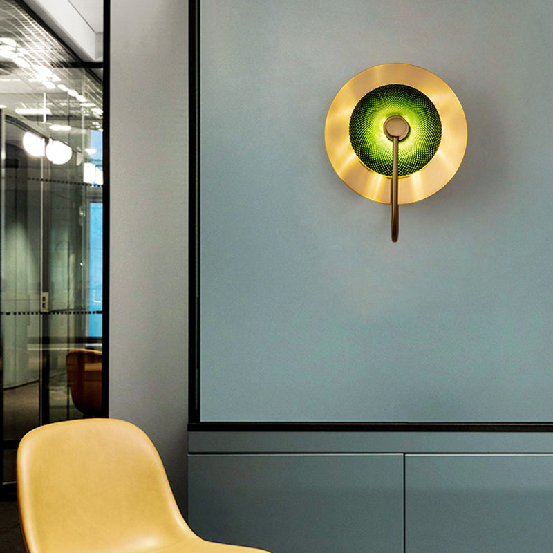 Bell Metall-Wandbeleuchtung Vintage 1/2/3-Licht-Leuchtenleuchte in Gold mit grünem prismatischem Glasschatten