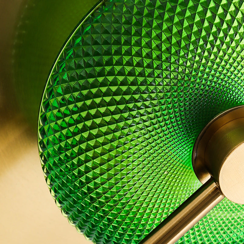 Bell Metall-Wandbeleuchtung Vintage 1/2/3-Licht-Leuchtenleuchte in Gold mit grünem prismatischem Glasschatten