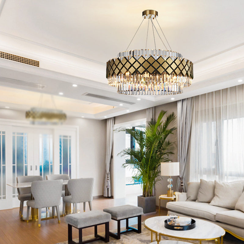 Goldener runder Mesh Kronleuchter zeitgenössischer 12-Licht-Klarkristalldecke Anhänger Licht