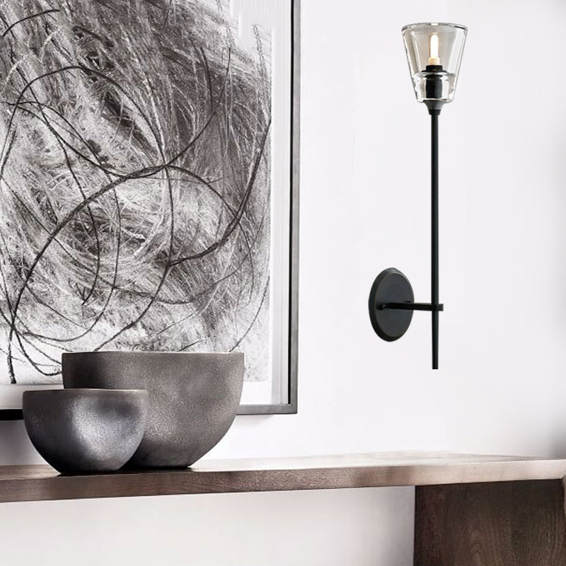 Black/Brass Finish Pencil Arm Wallchiere Vintage Metallic 1/2 Bulbs Wall Lamp with Clear Tapered Glass Shade