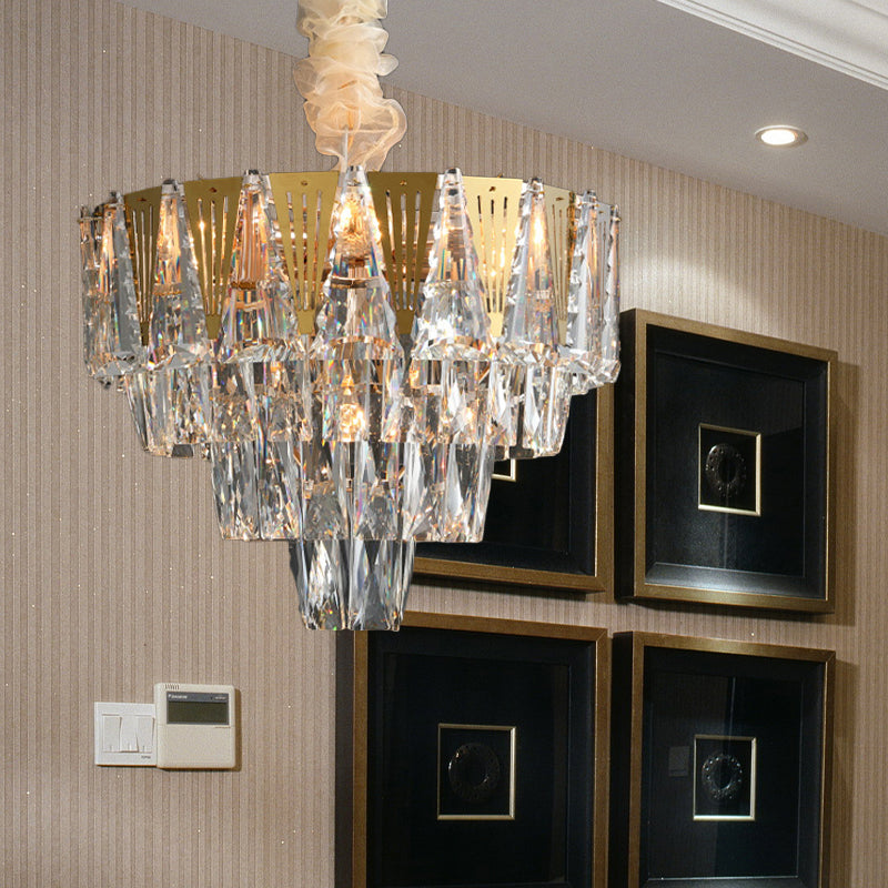 Triangle Chandelier Modernism Metallic 7-Light Gold Hanging Ceiling Light with Crystal Icicle