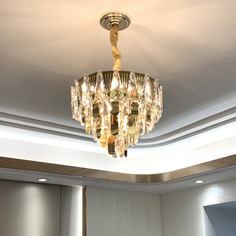 Triangle Chandelier Modernism Metallic 7-Light Gold Hanging Ceiling Light with Crystal Icicle