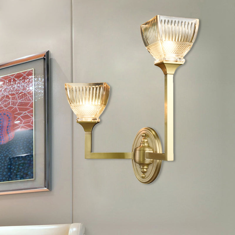 Lámpara de pared modernista de antorcha de vidrio prismático 1/2 cabezas de pared con brazo dorado vertical