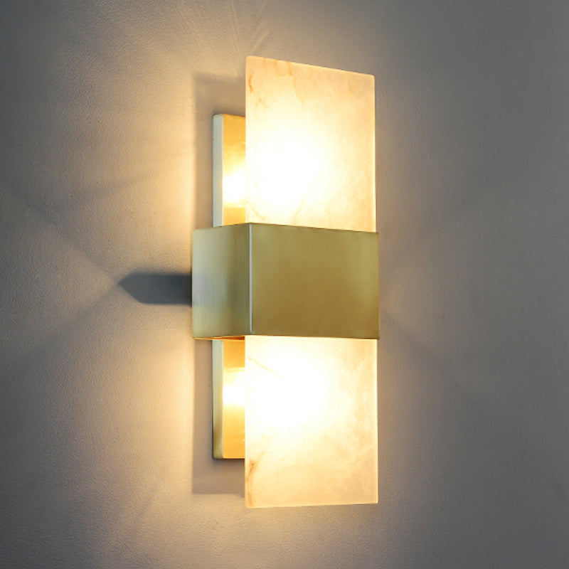 2 Bulbs Rectangle Flush Mount Colonial Gold Marble Wall Sconce Lighting for Living Room