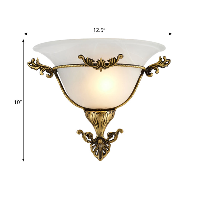 Single Bulb Flush Mount Traditional Flared Milky Glass Wall Sconce Lighting in Brass for Living Room