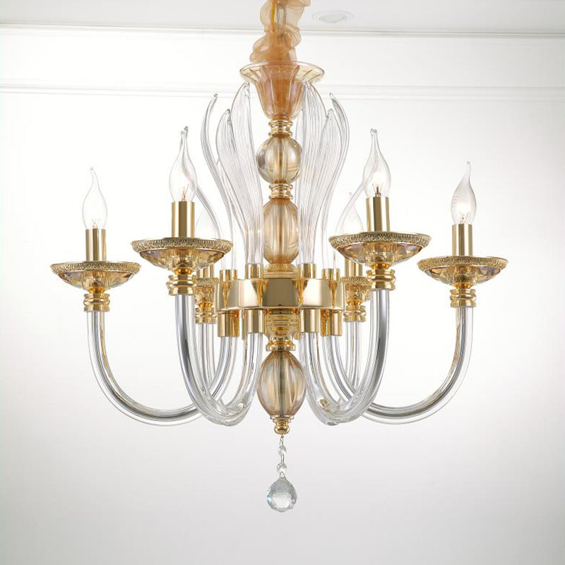 Golden Curved Chandelier Modern 6 Heads Clear Glass Ceiling Pendant Light with Crystal Drop