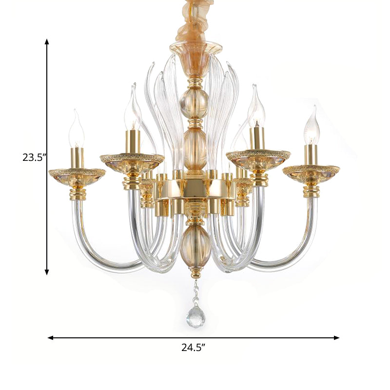 Golden Curved Chandelier Modern 6 Heads Clear Glass Ceiling Pendant Light with Crystal Drop