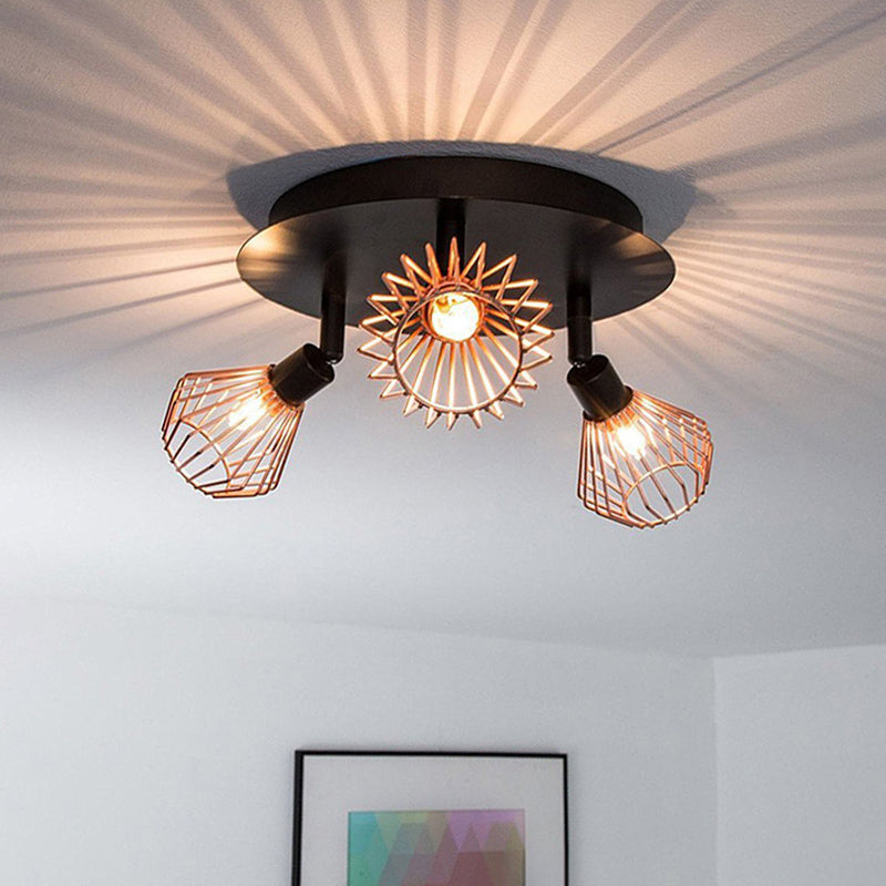 Industrial Style 3 Lights Angle Adjustable Ceiling Light with Rose Gold Metal Cage Shade