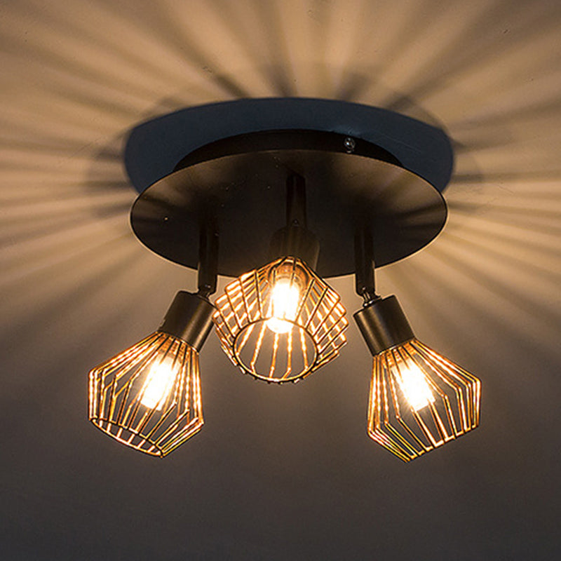 Industrial Style 3 Lights Angle Adjustable Ceiling Light with Rose Gold Metal Cage Shade