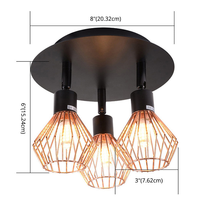 Industrial Style 3 Lights Angle Adjustable Ceiling Light with Rose Gold Metal Cage Shade