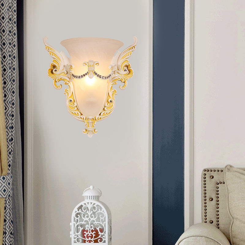 Bell Frosted Glass Wall Sconce Colonial 1 Bulb Living Room Flush Mount Wall Light in White/Gold/White and Gold