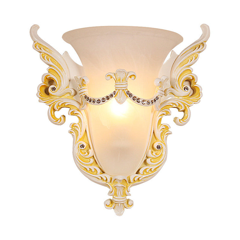 Bell Frosted Glass Wall Sconce Colonial 1 Bulb Living Room Flush Mount Wall Light in White/Gold/White and Gold