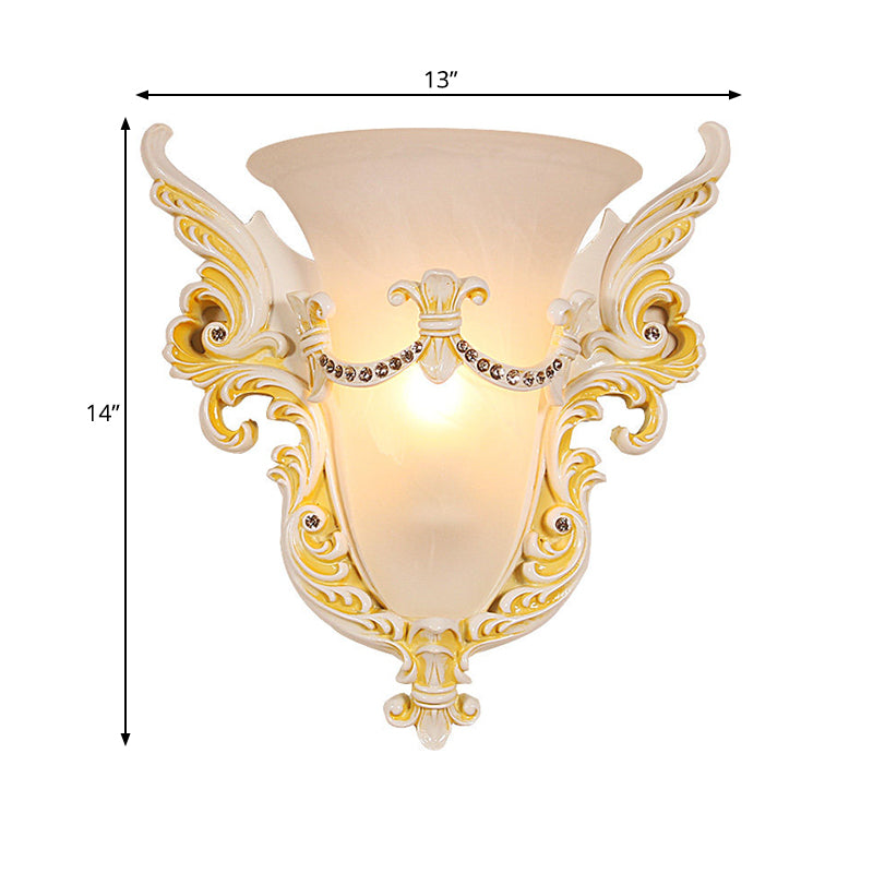 Bell Frosted Glass Wall Sconce Colonial 1 Bulb Living Room Flush Mount Wall Light in White/Gold/White and Gold