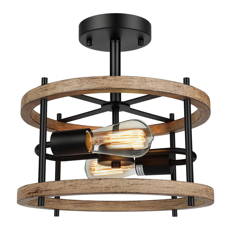 Wrought Iron + Wood Frame Vintage Ceiling Light 2 Lights Industrial Style Semi Flush Mount Lamp for Coffee Shop