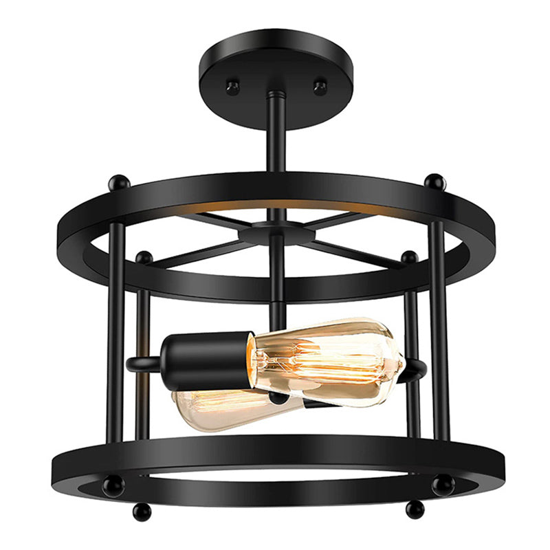 Wrought Iron + Wood Frame Vintage Ceiling Light 2 Lights Industrial Style Semi Flush Mount Lamp for Coffee Shop
