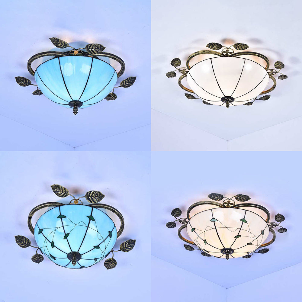 Bowl Flushmount Light Tiffany Stained Glass 3 Bulbs Flush Mount Ceiling Fixture with Leaf Decoration in White/Blue/Green-White/Blue-Green