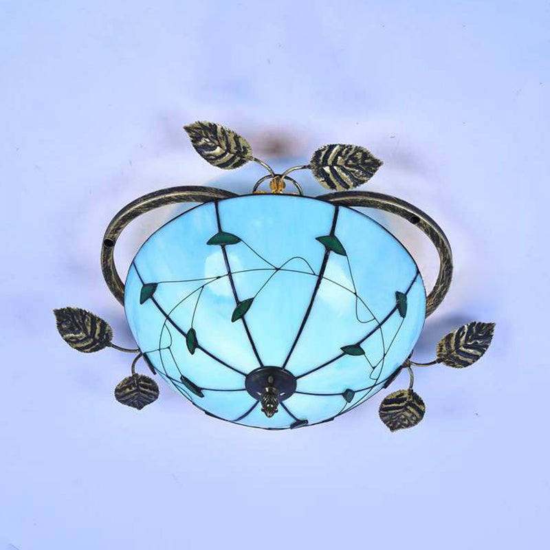 Bowl Flushmount Light Tiffany Stained Glass 3 Bulbs Flush Mount Ceiling Fixture with Leaf Decoration in White/Blue/Green-White/Blue-Green