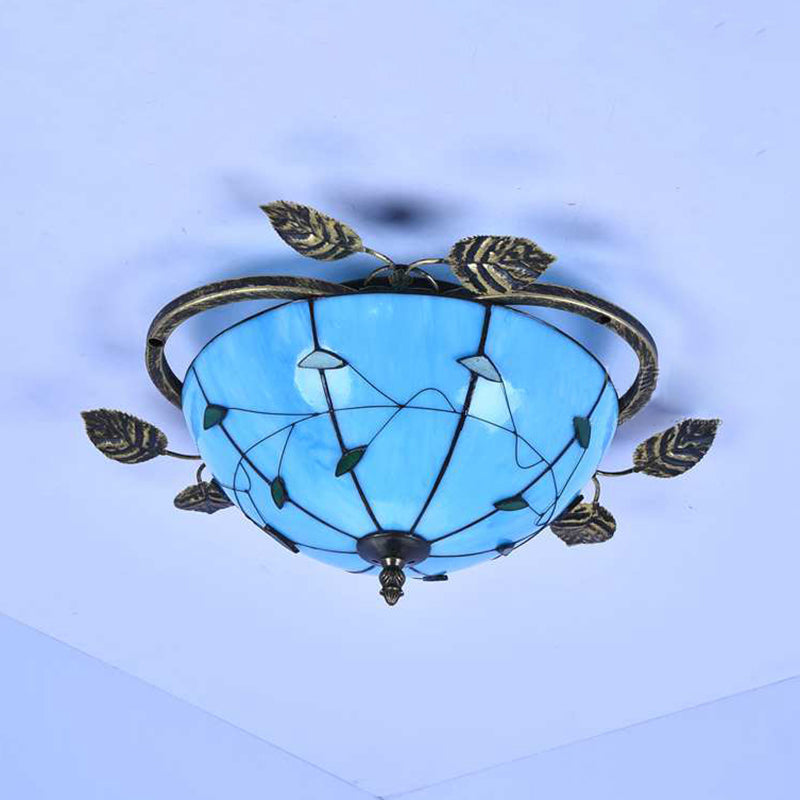 Bowl Flushmount Light Tiffany Stained Glass 3 Bulbs Flush Mount Ceiling Fixture with Leaf Decoration in White/Blue/Green-White/Blue-Green
