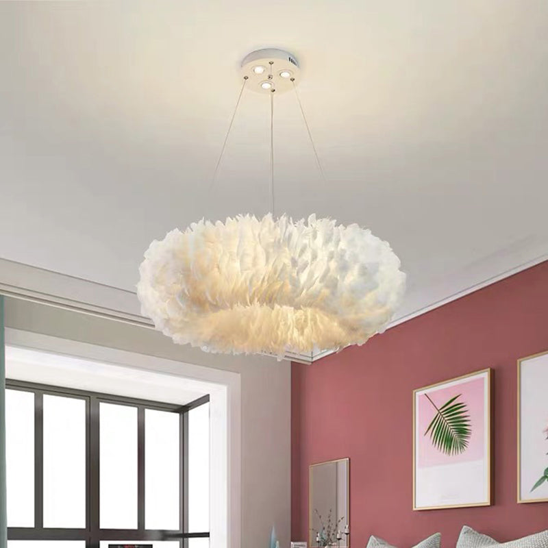 Feather Donut Chandelier Pendant Light Nordic Style White Pendant Lighting Fixture