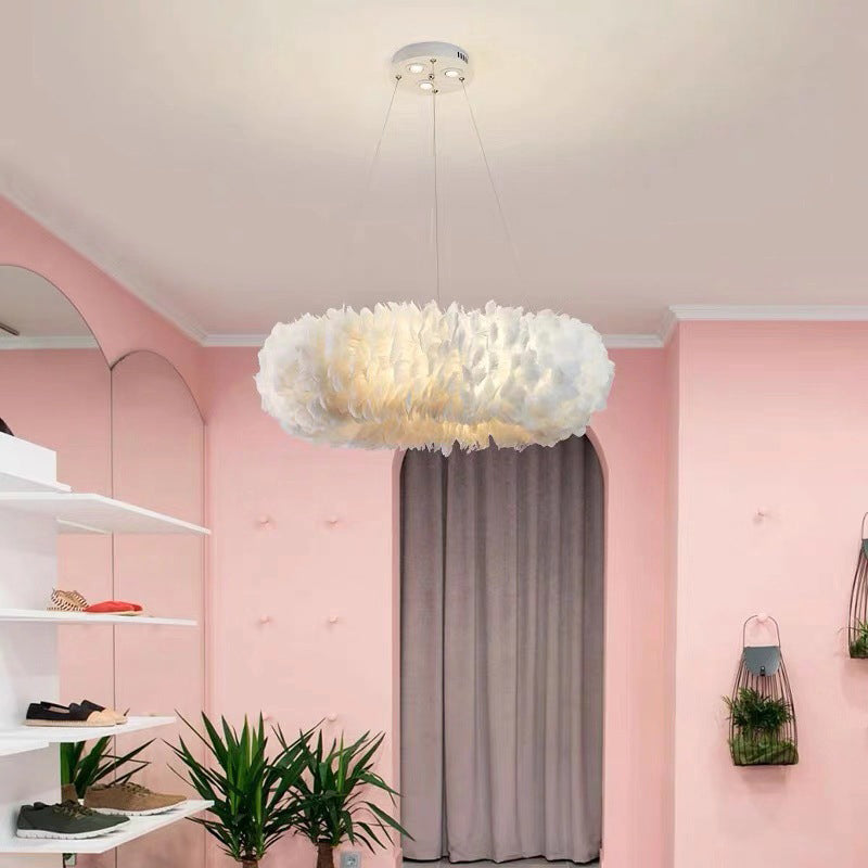 Feather Donut Chandelier Pendant Light Nordic Style White Pendant Lighting Fixture