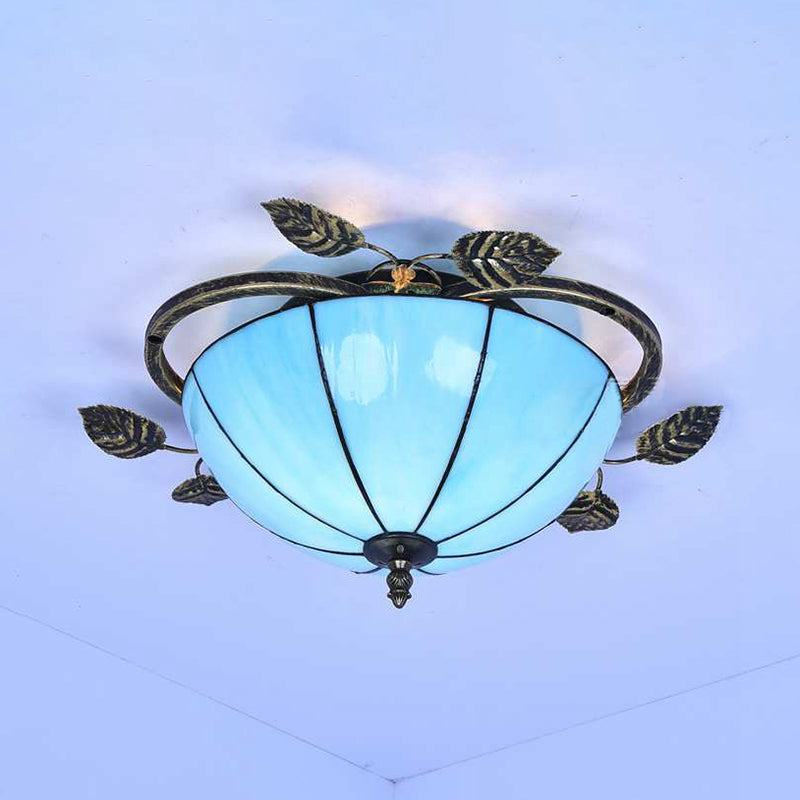 Bowl Flushmount Light Tiffany Stained Glass 3 Bulbs Flush Mount Ceiling Fixture with Leaf Decoration in White/Blue/Green-White/Blue-Green