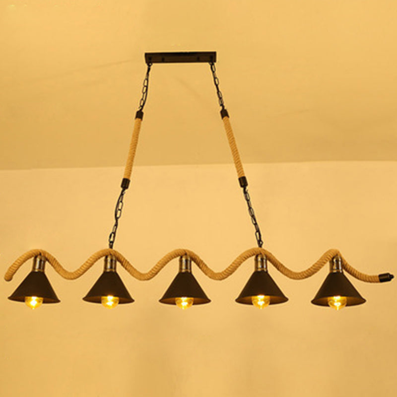 Wave-shaped Hemp Rope Island Lamp Industrial Retro Black Metal Saucer Shade Pendant Light for Bar