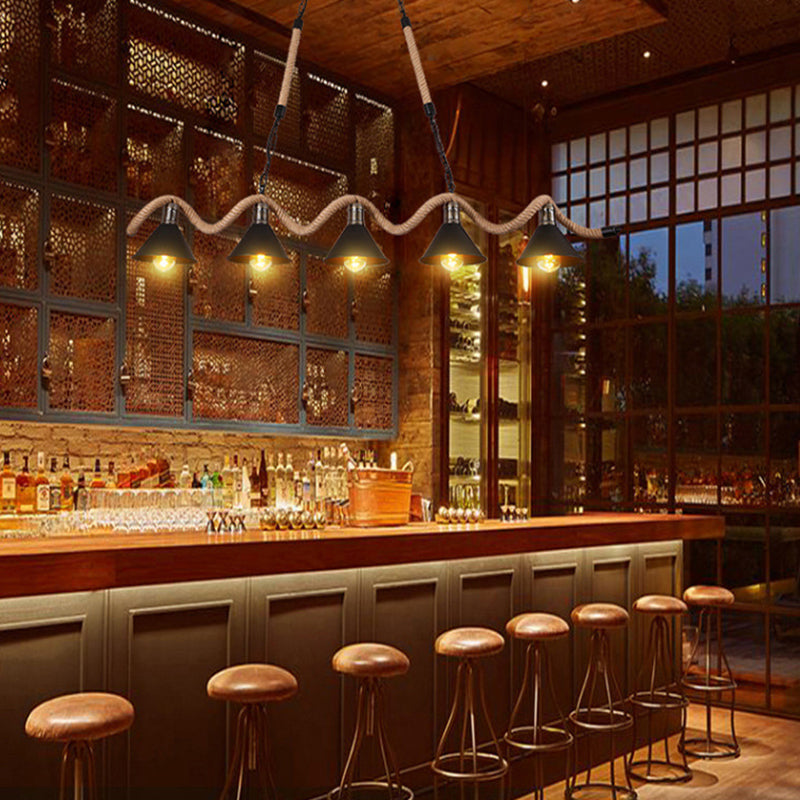 Wave-shaped Hemp Rope Island Lamp Industrial Retro Black Metal Saucer Shade Pendant Light for Bar