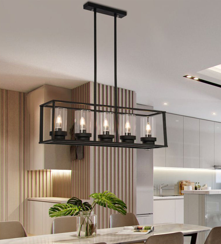 5 Lights Candlestick Shape Island Light with Clear Glass Shade Rectangular Wrought Iron Cage Industrial Style Hanging Pendant