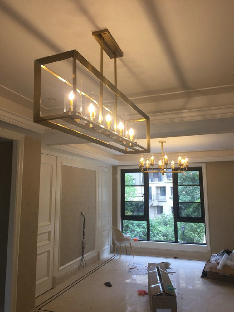 5 Lights Candlestick Shape Island Light with Clear Glass Shade Rectangular Wrought Iron Cage Industrial Style Hanging Pendant