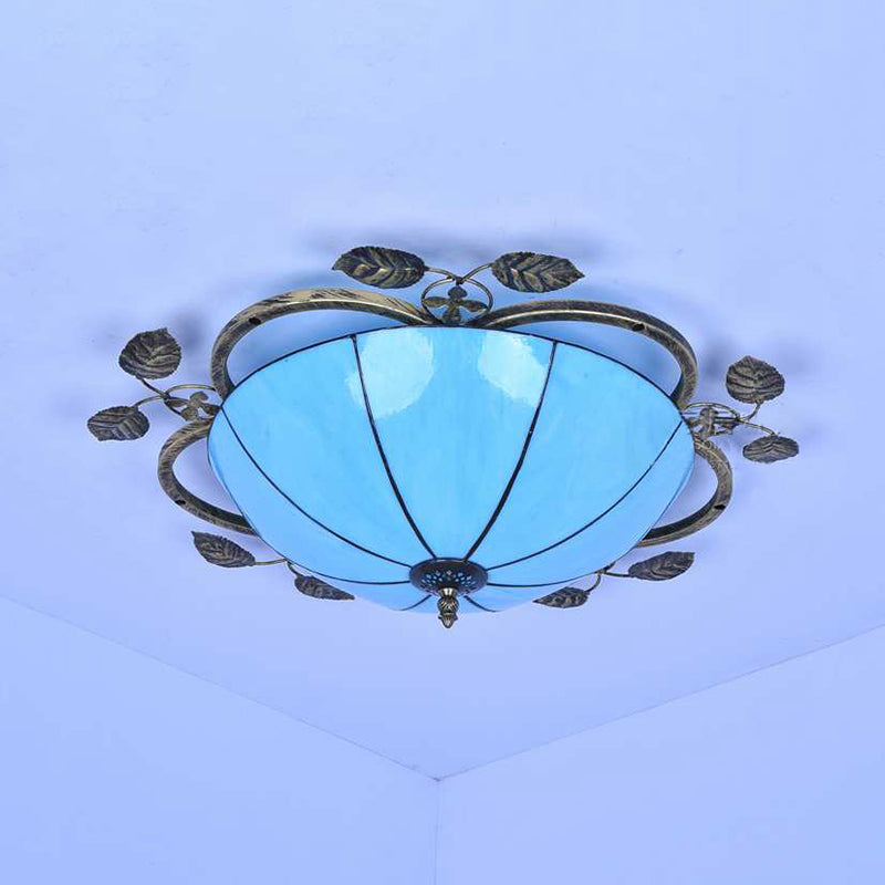 Bowl Flushmount Light Tiffany Stained Glass 3 Bulbs Flush Mount Ceiling Fixture with Leaf Decoration in White/Blue/Green-White/Blue-Green
