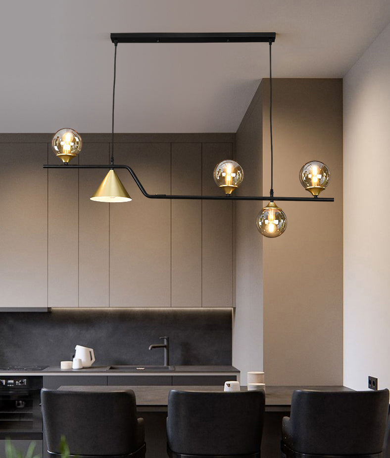 Metal Linear Island Light with Glass Ball Shape Nordic Minimalist Style Metal Island Pendant for Dining Room