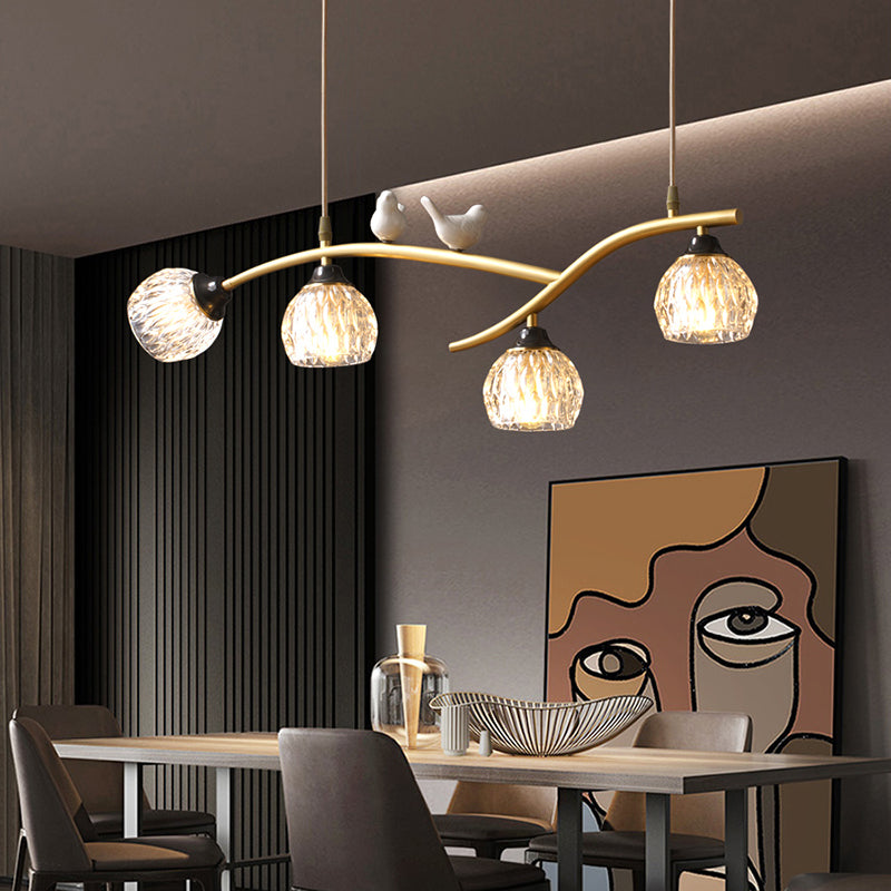 4 Lights Brass Branch Shaped Island Light Pineapple Texture Glass Shade Modern Style Dining Room Lighting Fixture with Ceramic Bird Decoration