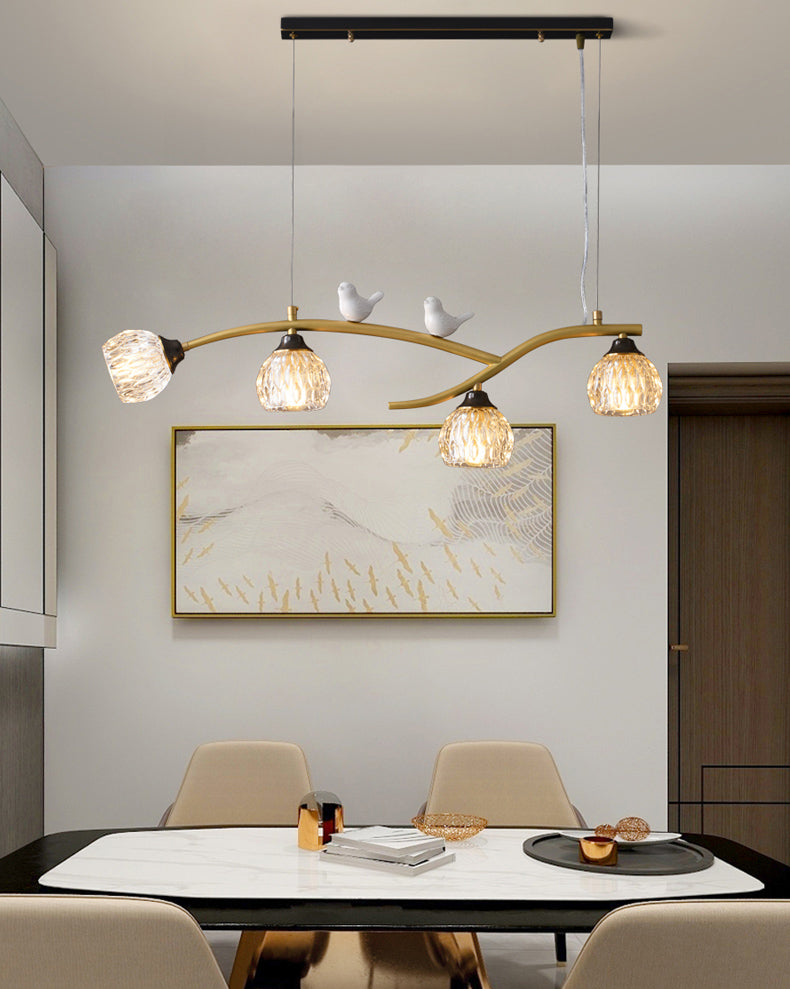 4 Lights Brass Branch Shaped Island Light Pineapple Texture Glass Shade Modern Style Dining Room Lighting Fixture with Ceramic Bird Decoration