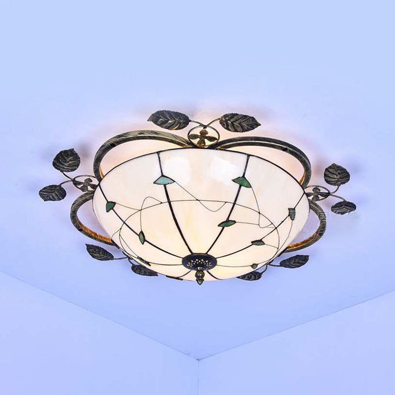 Bowl Flushmount Light Tiffany Stained Glass 3 Bulbs Flush Mount Ceiling Fixture with Leaf Decoration in White/Blue/Green-White/Blue-Green