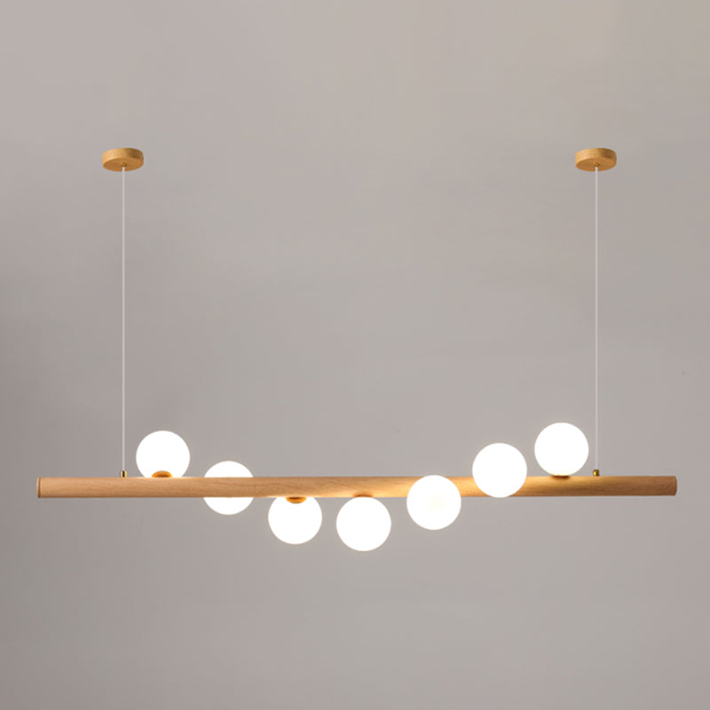 Faux Wood Design Modern Island Light White Glass Ball Shade Modern Hanging Lamp for Restaurants
