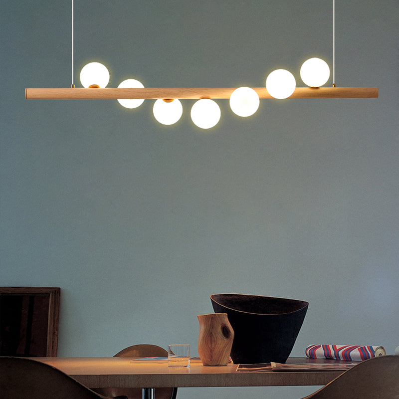 Faux Wood Design Modern Island Light White Glass Ball Shade Modern Hanging Lamp for Restaurants
