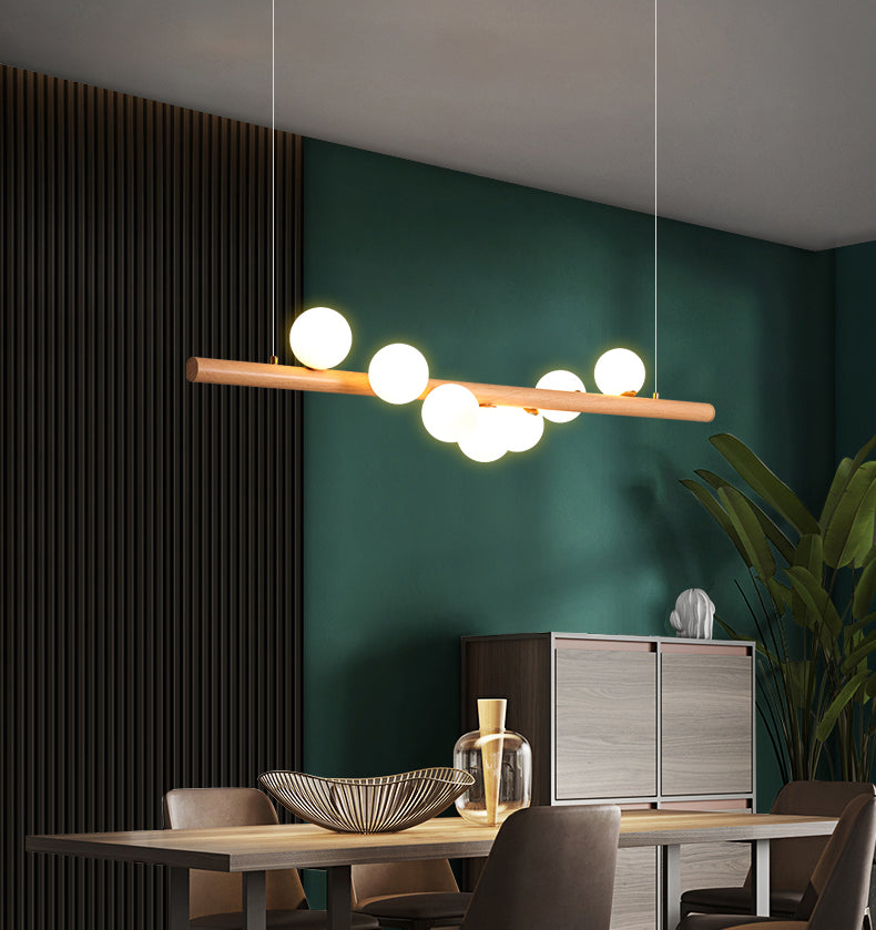 Faux Wood Design Modern Island Light White Glass Ball Shade Modern Hanging Lamp for Restaurants