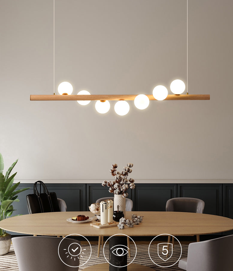 Faux Wood Design Modern Island Light White Glass Ball Shade Modern Hanging Lamp for Restaurants