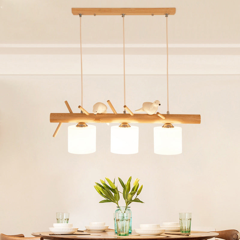 Solid Wood Branch Shaped Island Light with Birds Elements Modern Simplicity Style Lighting Fixture for Dining Room
