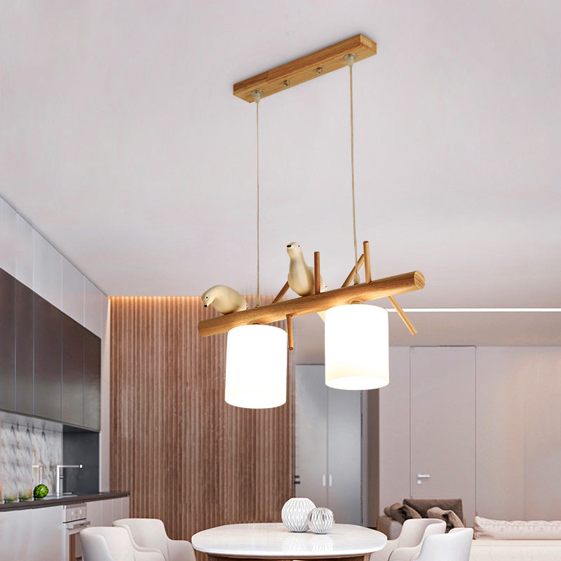 Solid Wood Branch Shaped Island Light with Birds Elements Modern Simplicity Style Lighting Fixture for Dining Room