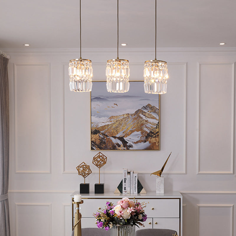 3-Lights K9 Crystal Drops Shade Island Light Brass Contemporary Style Kitchen Bar Hanging Lamp in Gold