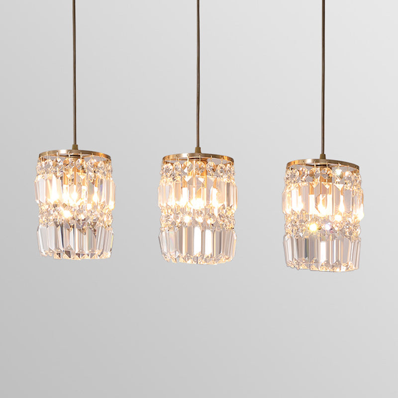 3-Lights K9 Crystal Drops Shade Island Light Brass Contemporary Style Kitchen Bar Hanging Lamp in Gold