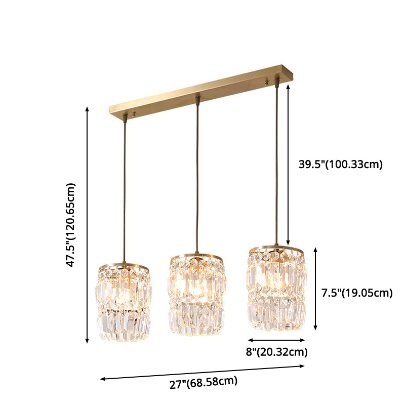 3-Lights K9 Crystal Drops Shade Island Light Brass Contemporary Style Kitchen Bar Hanging Lamp in Gold